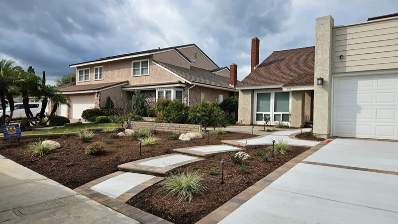 Finished Brea front yard with new hardscaping, planting, and low-voltage lighting