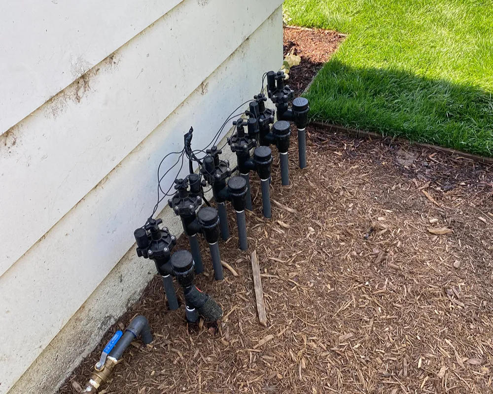 Landscape irrigation system serving lawns and planting near a hardscape