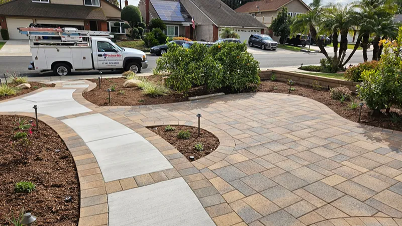 Residential landscape before the outdoor lighting is turned on