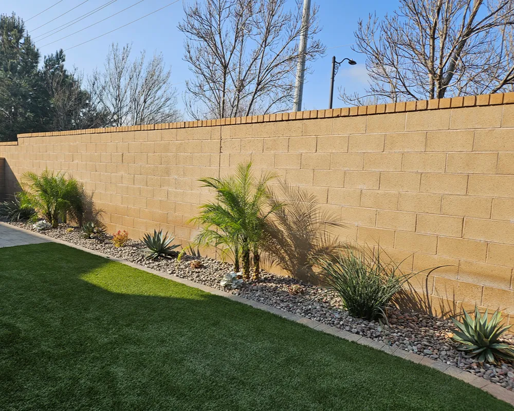 Garden bed containing maintained shrubs and ornamental plants
