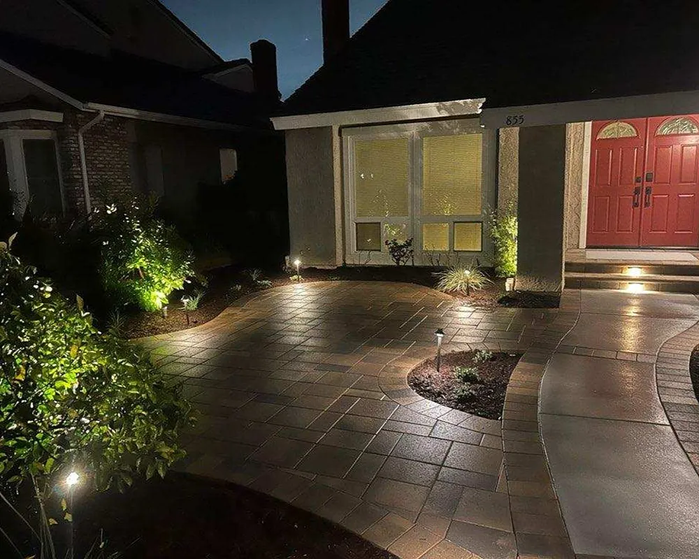 Professional landscape lighting illuminating a residential property after dark
